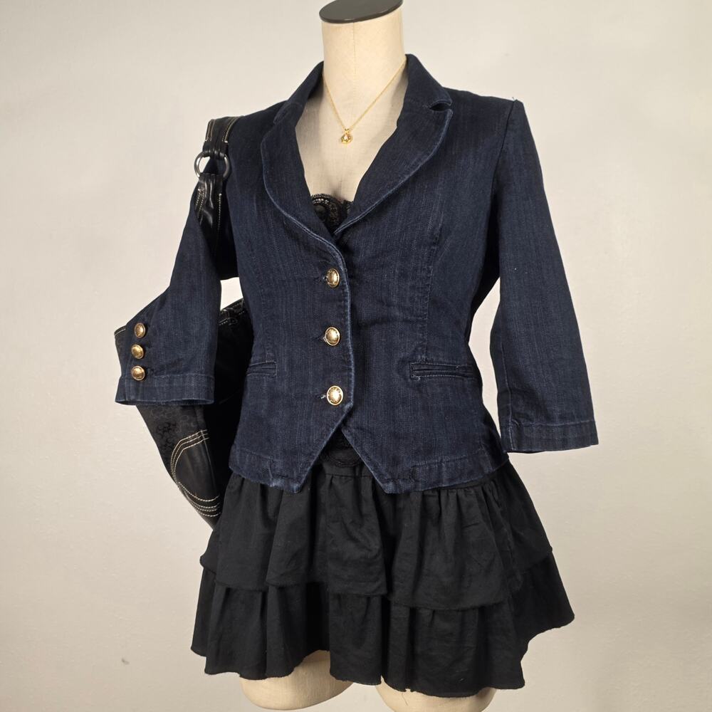 Express Denim Blazer Dark Wash Cropped Jacket Office Siren Y2K Size 8 Fitted